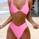 geluboao Bikini Set for Women Solid V Neck Knot Front Push Up High Leg Thong Two Piece Swimsuit (Pink, S)