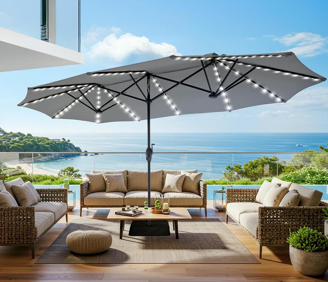 SUPERJARE 13ft Outdoor Patio Umbrella with Solar Lights, Double-sided Deck Pool Umbrella with 1.5 Inch Pole, Fade Resistant Canopy, 12 Sturdy Ribs, for Porch, Market, Backyard(No Base)