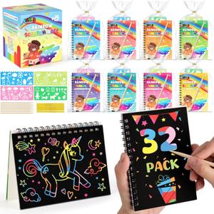 LovesTown 32 Pack Rainbow Scratch Art Notebook Party Favors Bulk for Kids, Rainbow Notebooks with Stencils & Easter Egg Fillers, Classroom Prizes Bulk for Girls Boys, Easter Basket Stuffers