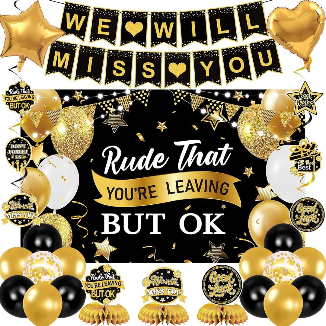 Holkcog Farewell Party Decorations, Rude That You'Re Leaving But Ok Banner, Black Gold We Will Miss You Party Decor, Office Coworker Goodbye Party Supply, Going Away Retired Party Decor for Women Men