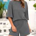 BTFBM Women Summer 2 Piece Outfits 2025 Spring Matching Set Short Sleeve Tops Elastic Waist Shorts Lounge Sets Pocket (Gray, S)