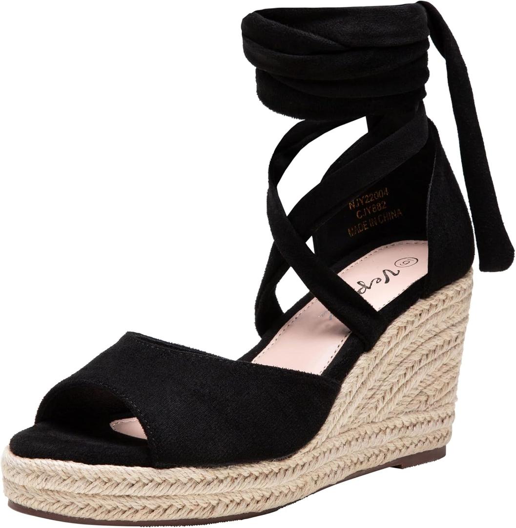 Vepose Women's Platform Wedge Sandals Rome Espadrilles Open Toe High Heel Sandals for Women with Lace-Up (9, Peep Toe-882-black)