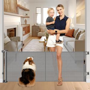 Reinforced 28-Inch Tall Retractable Baby Gates for Doorways, Walk Through Pet Gate for Stairs, Short Baby Gate with Support Rods, 55 Inch Wide Mesh Gate Retractable Gate Small Dog Gate, Gray