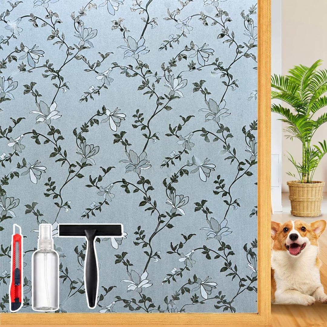 Frosted Glass Window Film with Elegant Flower Design, Bathroom Window Privacy Film for Glass Windows Cover, Static Cling, Removable, Reusable, Anti-UV, Anti-Glare, 45.2 Inch * 157.4 Inch