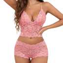 Lilosy Sexy Sheer Floral Lace Pajamas Lingerie Set High Waist Sleepwear Bra and Panty 2 Piece Nightwear (Large, Dark Pink)