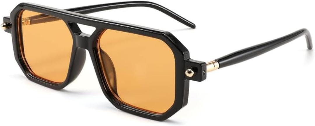 FEISEDY Vintage Square 70s Flat Aviator Sunglasses Women Men Classic Retro Stylish Frame UV400 Sunglasses B2622 (007 Black Frame & Orange Lens)