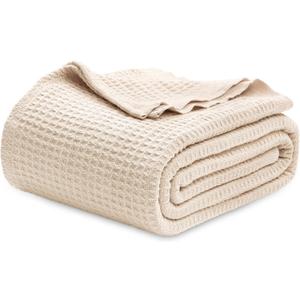 Bedsure 100% Cotton Blanket Queen Size for Bed - Breathable and Soft, Waffle Weave Blanket for Summer Spring, Beige, 90x90 Inches (Queen (90" x 90"), 02 - Beige (a Little Bit Yellow))