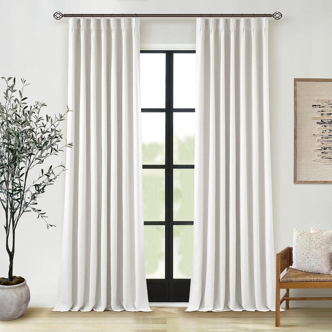 Extra Long 100% Blackout Linen Curtains 120 Inches Long for Living Room Bedroom Large Window Pinch Pleated with Hooks Rings Back Tab Thermal Insulated Light Blocking Boho Track Curtains Birch Ivory