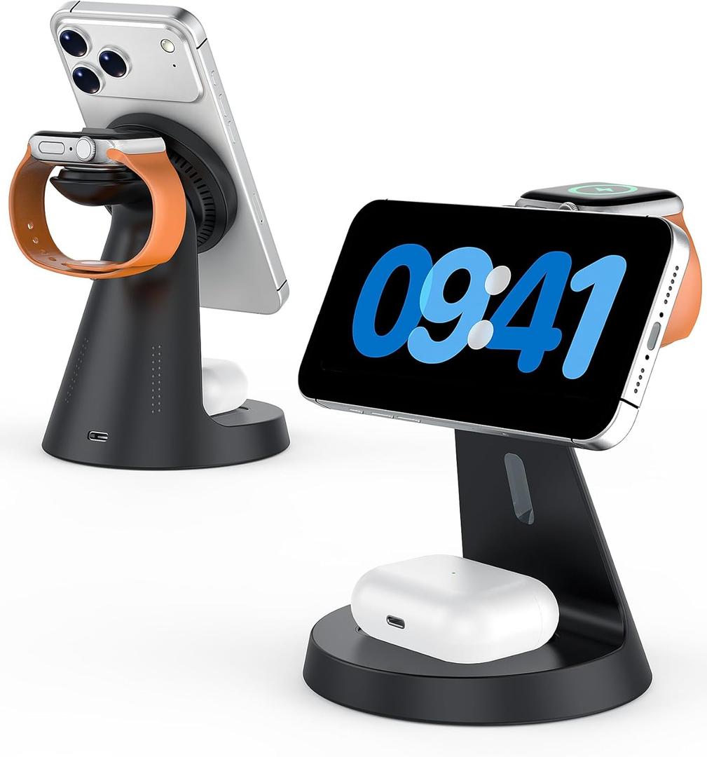 Wireless Charger 3 in 1 Charging Station for iPhone: Magnetic Docking Station for iPhone 17/16/15/14/13/12 - Multi Charging Dock for Apple Watch & Airpods 4 3 2 Pro (Adapter Included) (Black)