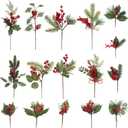 CCINEE Artificial Christmas Red Berry Picks 16 Pack Assorted Pine Berries Branches Fake Holly Stems for Xmas Tree Decoration Crafts Garland Wreath Dcor
