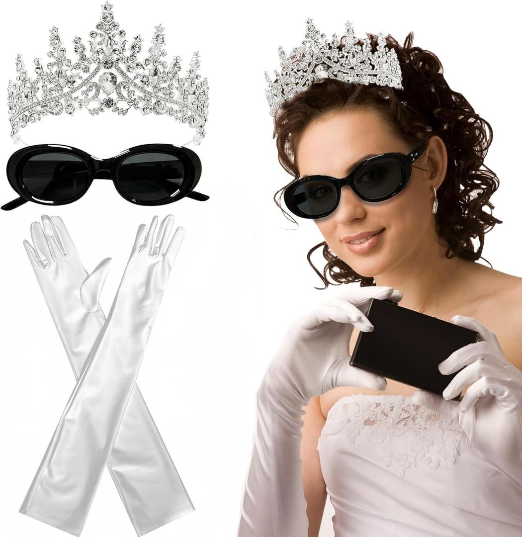 Halloween Princess Costume Accessories for Women,Princess Tiara Crowns Headband Long Gloves Sunglasses for Dress Up Bachelorette Party Favors Black
