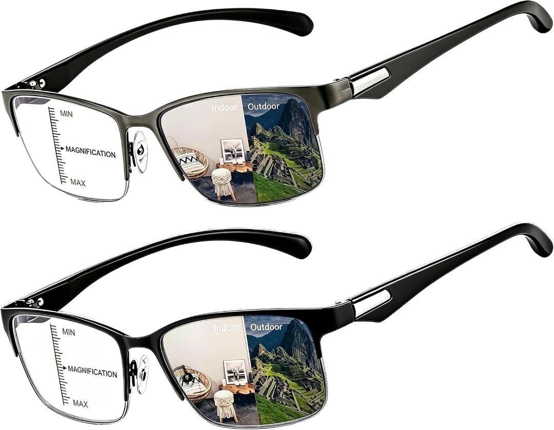 2 Pack Progressive Multifocus Reading Glasses Men Women Metal Thin Frame Executive Style Photochromic Lens Readers