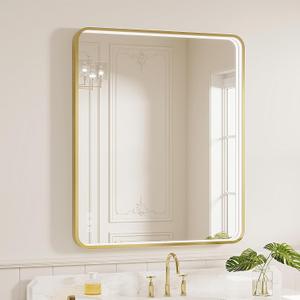 LED Bathroom Mirror with Lights, 30x36 Inch Gold Metal Framed LED Mirror for Bathroom, 3 Colors and Stepless Dimmable Wall Mounted Lighted Bathroom Vanity Mirror, Anti-Fog, Memory
