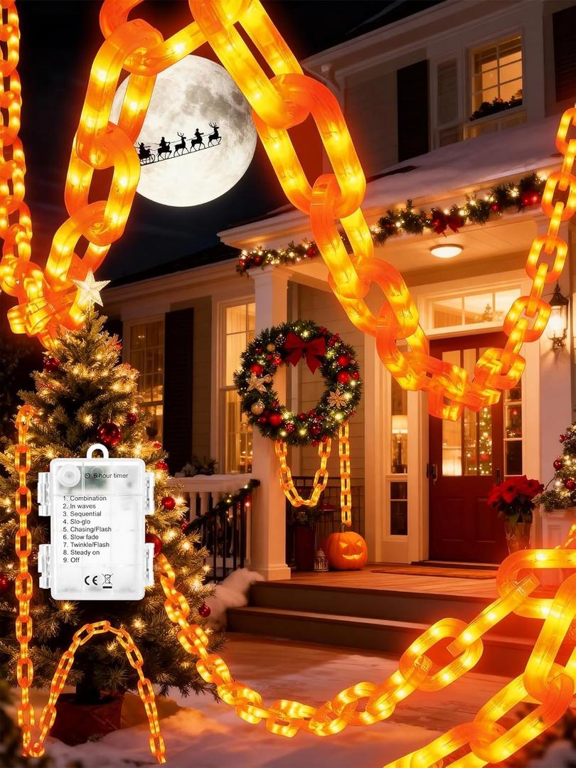 Flacchi Christmas Decorations Battery String Lights - 10 Ft 160 LED Plastic Chain String Lights with Waterproof, 8 Lighting Modes and Timer Function US Patent Product (Orange)