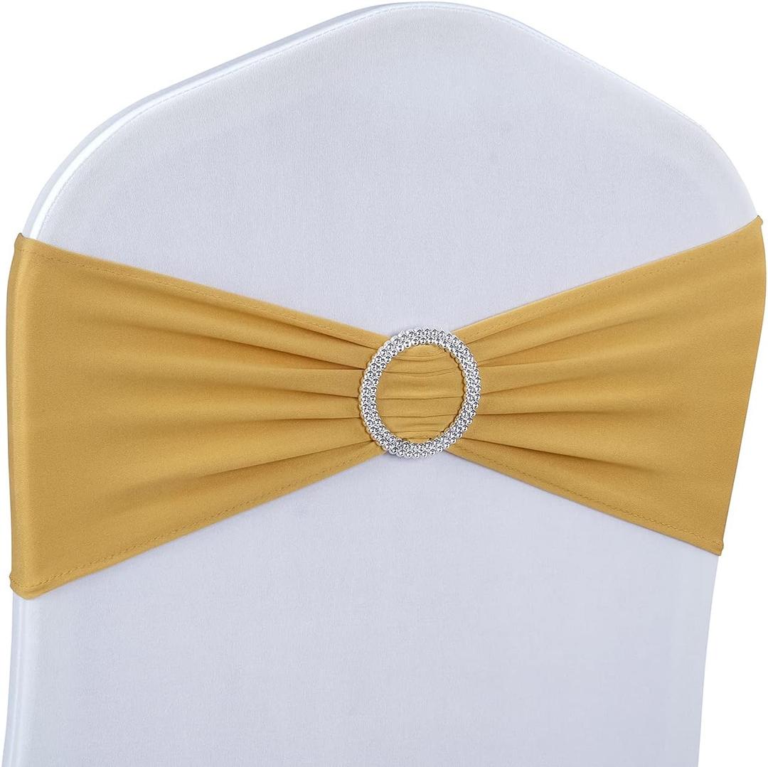 Babenest Spandex Chair Sashes Bows 100PCS Premium Stretch Chair Cover Band with Buckle Slider Universal Elastic Chair Ties for Wedding Easter Party Ceremony Reception Banquet Decoration (Gold)