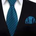 HISDERN Mens Solid Ties Formal Business Woven Tie and Pocket Square Cufflinks Set Classic Silk Satin Necktie Wedding (J7-teal)