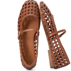 DREAM PAIRS Woven Ballet Mary Jane Flats for Women Dressy Comfortable Square Toe Ballerina Flats with Adjustable Buckle Strap for Work Casual Travel Daily (9, Brown)