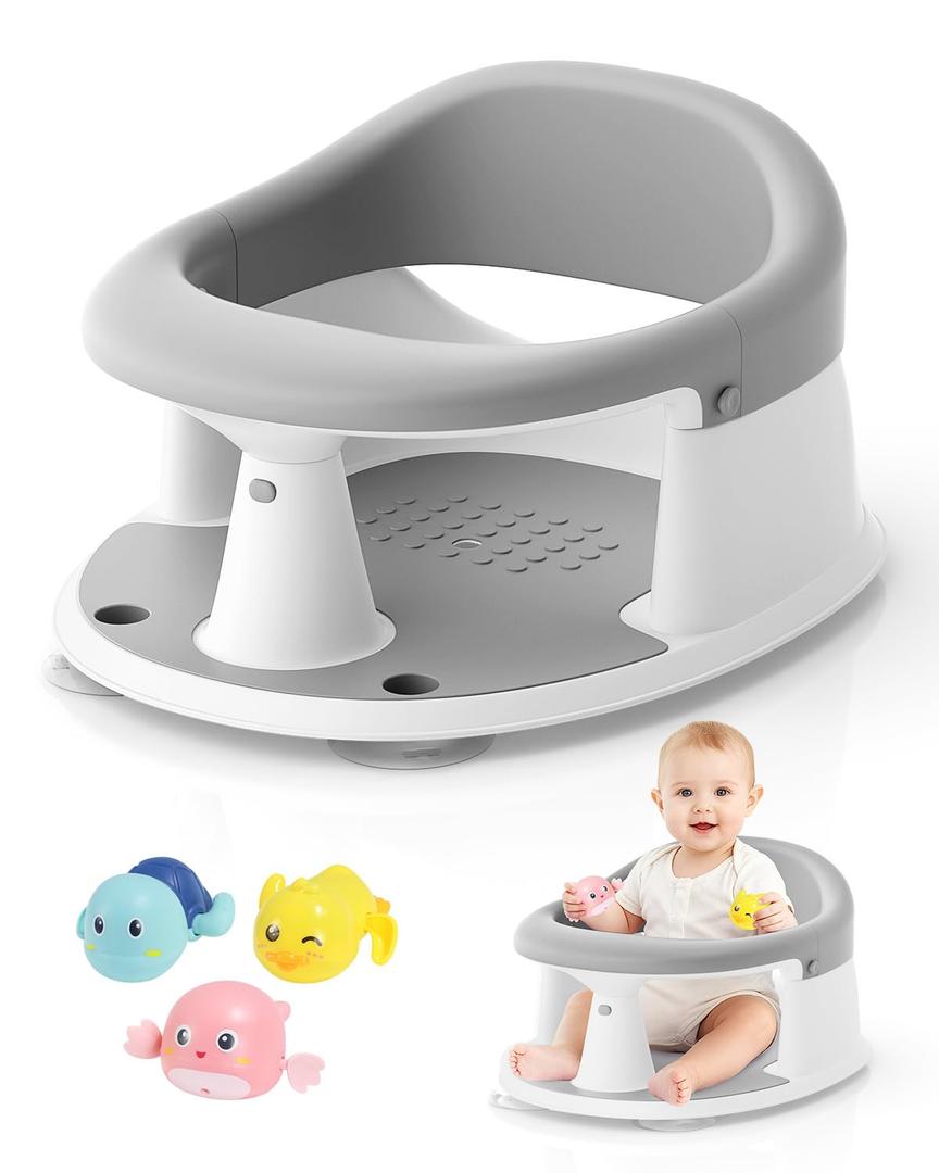 Baby Bath Seat for Babies 6 Months & Up, Bath Seats for Babies Sitting Up, 3 Baby Bath Toys, Open Design, Non-Slip, Compact Toddler Bath Seat. (Grey)