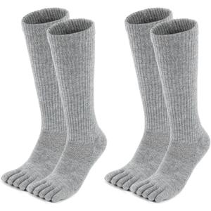 Merino Wool Toe Socks for Men&Women Hiking Cushion Five Finger Boot Socks Crew Length (2 Pairs) (Gray, S)