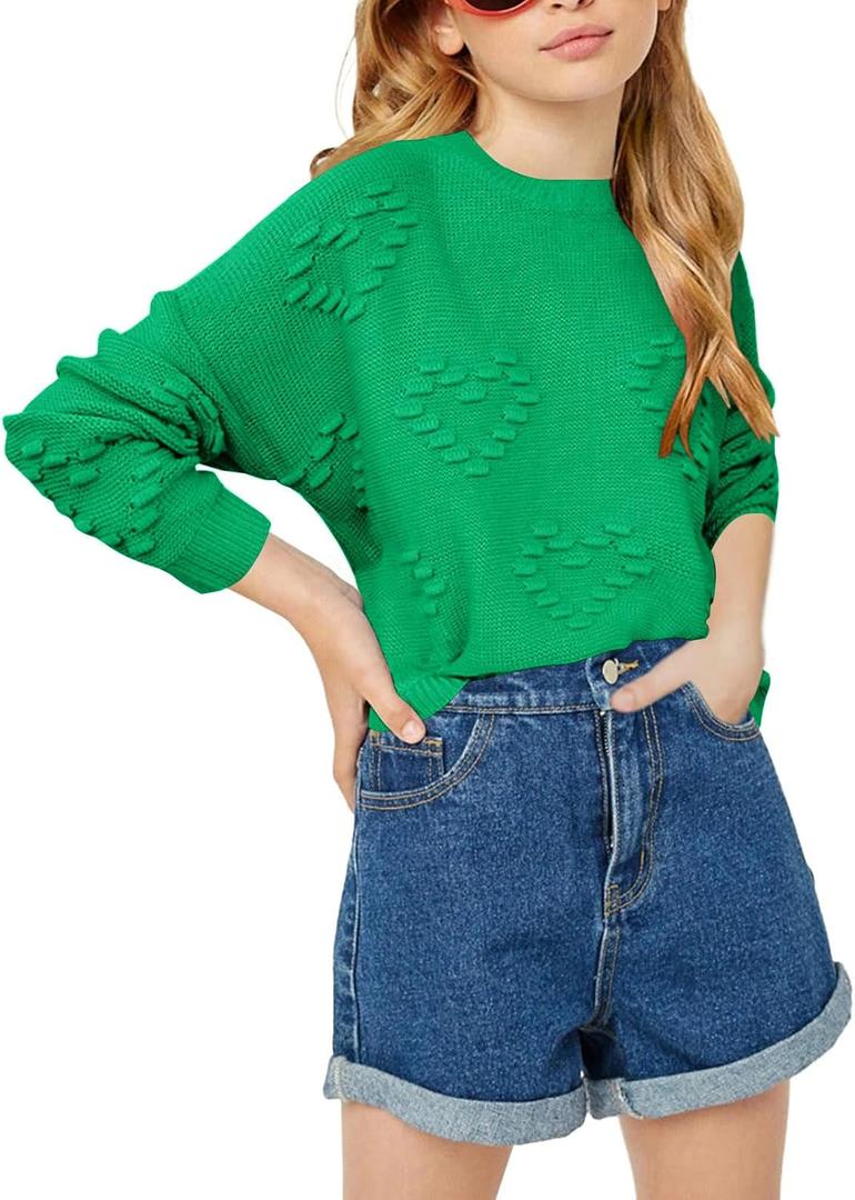 Haloumoning Girls Cute Heart Love Print Sweater Tops Oversized Crew Neck Dot Ball Knitted Valentine Pullover 5-14 Years