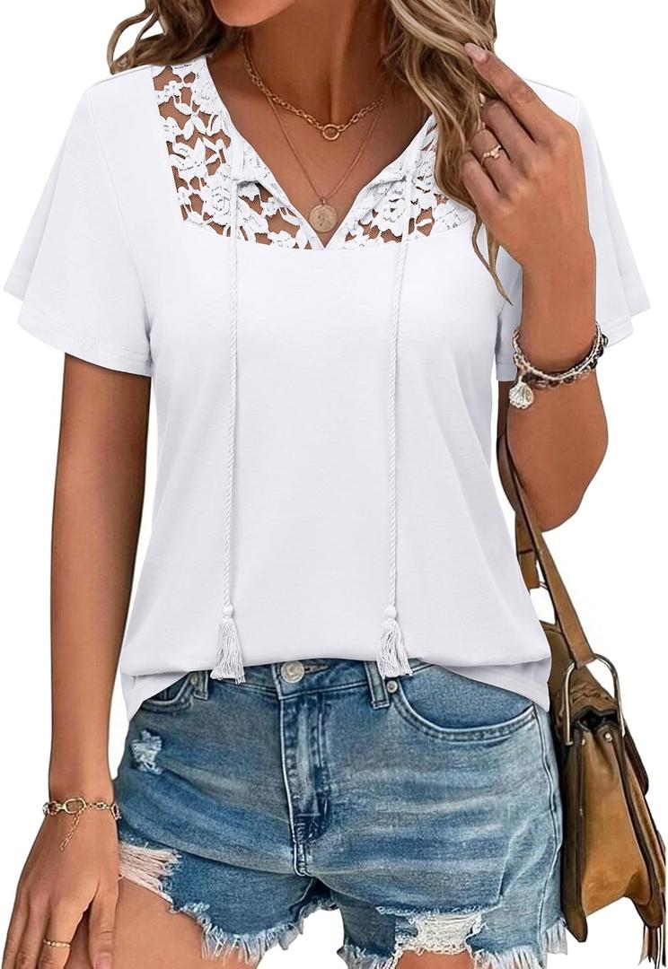 Uhiger Womens Boho Tops Short Sleeve Convertible V Neck Blouses Lace Trim Tassel Tie Front Flowy Chic Vacation Outfits (White, XXL)