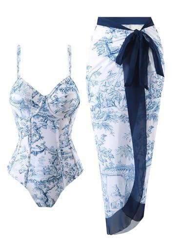 Women's One Piece Swimsuit with Beach Cover Up Retro Floral Print Bathing Suits with Coverup Set Sarong Wrap Swim Suit 1 Piece Swimwear Set with Matching Skirt Blue Floral Medium