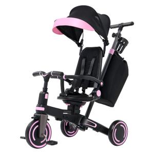 Aneco 9-in-1 Multi-functional Baby Tricycle for Toddlers 10 Months-3 Years with Removable Canopy Rotatable Seat Safety Harness Wheel Brake Adjustable Push Handle Storage Bag Cup Holder, Black and Pink