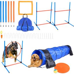 Premium Dog Agility Training Equipment Set for Indoor and Outdoor, Dog Obstacle Course Kit, 2 Hurdles Jump, Tire Jump, Tunnel, Weave Pole with Stand, Pause Box, 1 Toy Ball, 1 Flying Discs, 1 Whistle