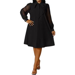 Ekaliy Women's Puff Sleeves A-Line Dress V Neck Bow Loose Flowy Cocktail Party Dress with Pockets, Large
