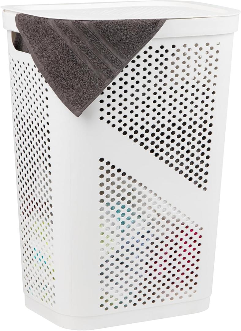 Mind Reader Slim Laundry Hamper with Lid, 60L Clothes Basket, Ventilated Plastic, White (Single)