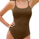 ZAFUL Women's One Piece Swimsuit Ribbed Open Back Bathing Suit Tummy Control Scoop Neck Adjustable Straps High Cut Swimwear Brown XL