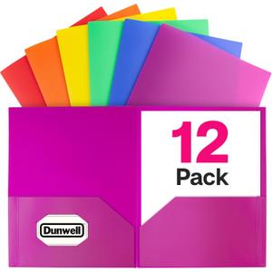 Dunwell Colored Plastic Folders with Pockets - (12 Pack, Assorted Colors), 2-Pocket 8.5x11 Folders for School and Office, Heavy Duty Long Lasting Poly, Includes Labels