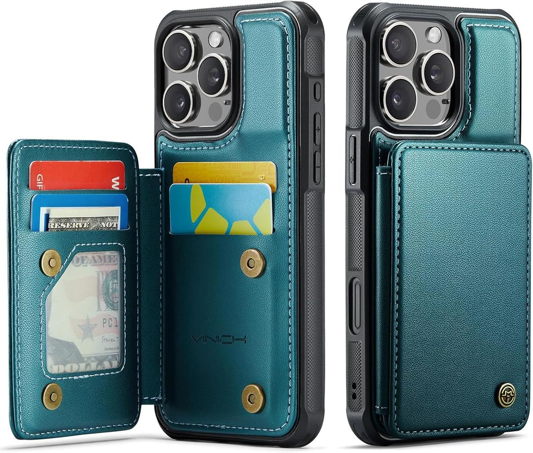 Vinich for iPhone 16 Pro 6.3" Wallet Case with Card Holder, RFID Blocking Credit Slots Kickstand Shockproof Phone Cover for Women Men, Bluish Green