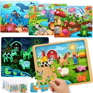 SYNCFUN 4-in-1 Animal Wooden Puzzles Glow in The Dark Toys, 24 & 35 PCS Montessori Puzzles Board Toys for Toddlers Ages 3-5, Farm, Ocean, Zoo, Insect Themes, Birthday Valentine Easter Gifts for Kids