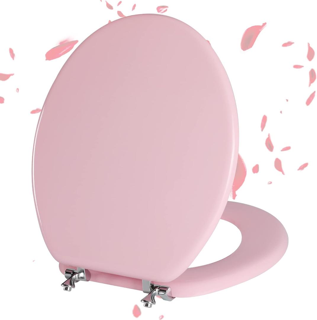 Pink Round Toilet Seat Natural Wood Toilet Seat with Zinc Alloy Hinges, Easy to Install also Easy to Clean, Scratch Resistant Toilet Seat by Angol Shiold (Round, Pink) (Round, Pink)
