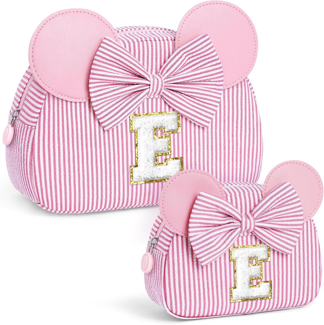 Gifts for Girls, Personalized Initial Makeup Bag Birthday Gift for 4 5 6 7 8 9 10 11 12 13 Years Old Girl Kids Pink Initial Cosmetic Travel Toiletry Bag for Girls Sister Daughter Pink E