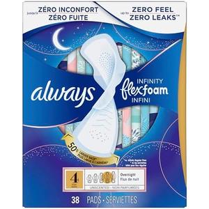 Always Infinity with FlexFoam Pads, Size 4, Overnight Absorbency, with Wings, Odourless, Up to Zero Leaks, No Feel, 38 Pack