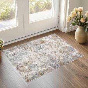 2x3 Entryway Area Rug: Washable Neutral Modern Abstract Small Rug - Non-Slip Low Pile Throw Indoor Carpet for Entrance Kitchen Front Door Mat Bathroom Entry Kids Room - Brown Grey