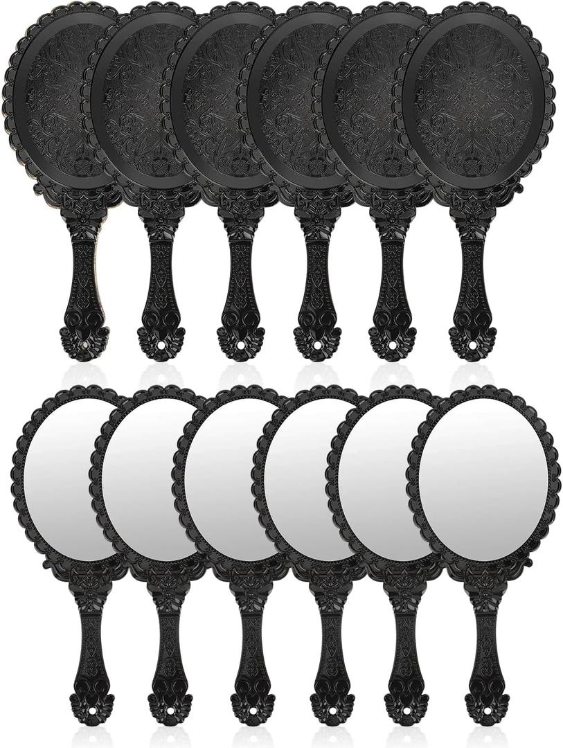 YUSONG 12 Pcs Premium Hand Mirror with Handle - Vintage Princess Mirror for Women Black Embossed Flower Small Mirrors Tabletop Party Classroom