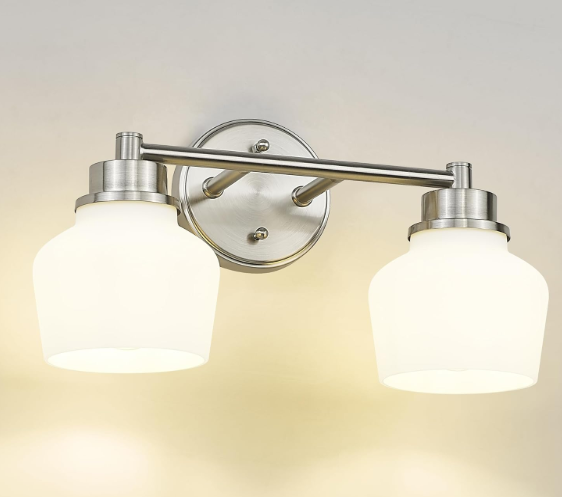 Emak Brushed Nickel Bathroom Light Fixtures, 2Light Bathroom Vanity Light with Milk Glass Shade, Modern Vanity Lights for Bathroom, Mirror, VL122BNML2