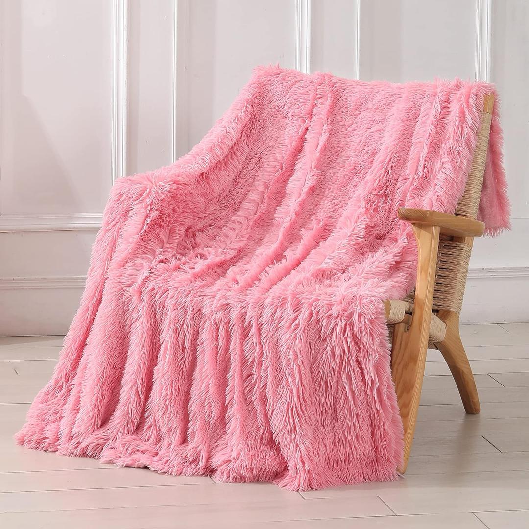 Tuddrom Decorative Extra Soft Faux Fur Blanket Twin Size 70" x 78",Solid Reversible Fuzzy Fluffy Cozy Plush Fleece Comfy Microfiber Fur Blanket for Couch Sofa Bed,Pink