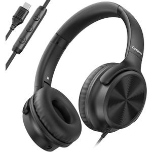USB C Headphones Wired, Over Ear USB C Wired Headphones with Microphone, Volume Control, HD Stereo Sound, Foldable USB Type C Headphones for Adult/Teens/Chromebook/Laptop/Computer/iPhone,Black
