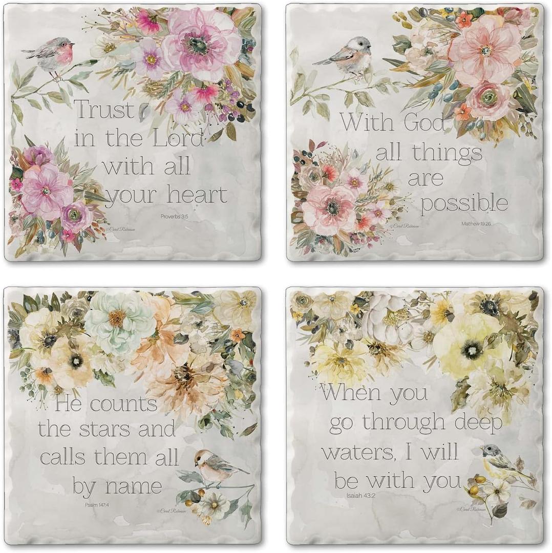 Thirstystone Floral Scripture 4 Pack Tumbled Tile Stone Coaster with Protective Cork Backing Manufactured in The USA