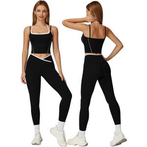 ABOCIW Workout Sets for Women 2 Piece Color Block Strappy Sports Bra High Waist Shorts Gym Yoga Pilates Outfits (Black, M)