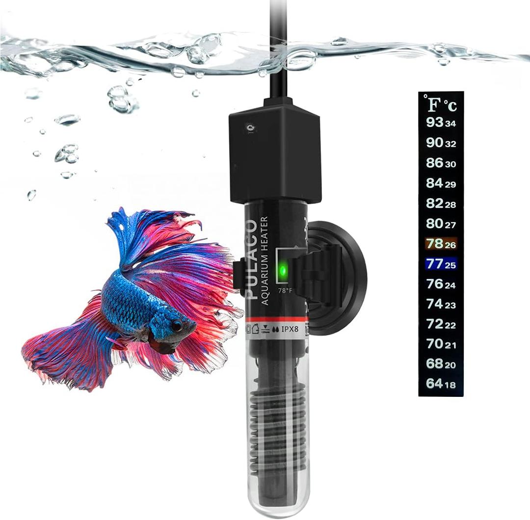 PULACO 25Watt Mini Aquarium Submersible Betta Heater with Free Thermometer Strip for 1-6 Gallon Fish Tanks (Preset Temperature 78)