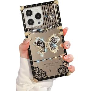 Cute Compatible with iPhone 15-6.1Inch Case with Luxury Bling Glitter Butterfly Foldable Stand Kickstand,Glitter Soft PC Mirror Slip-Resistant Bumper Protective Cover for Women & Girls(Black)