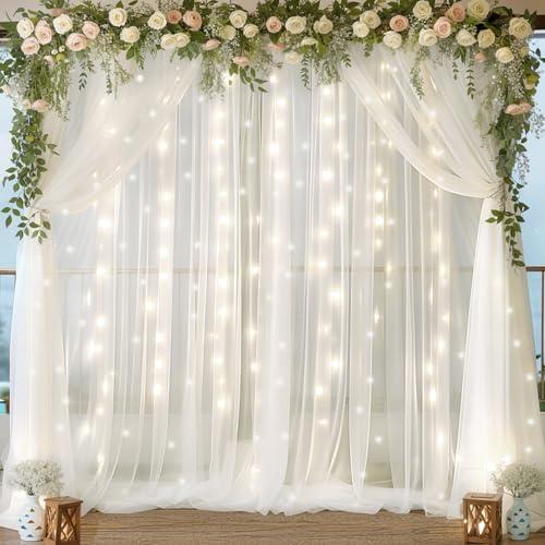  60x96 White Chiffon Backdrop Curtain with Lights String for Parties,2 Panels Sheer Chiffon Curtain Wedding Backdrop with Lights for Baby Shower Birthday Party Ceremony Reception Home Decorations