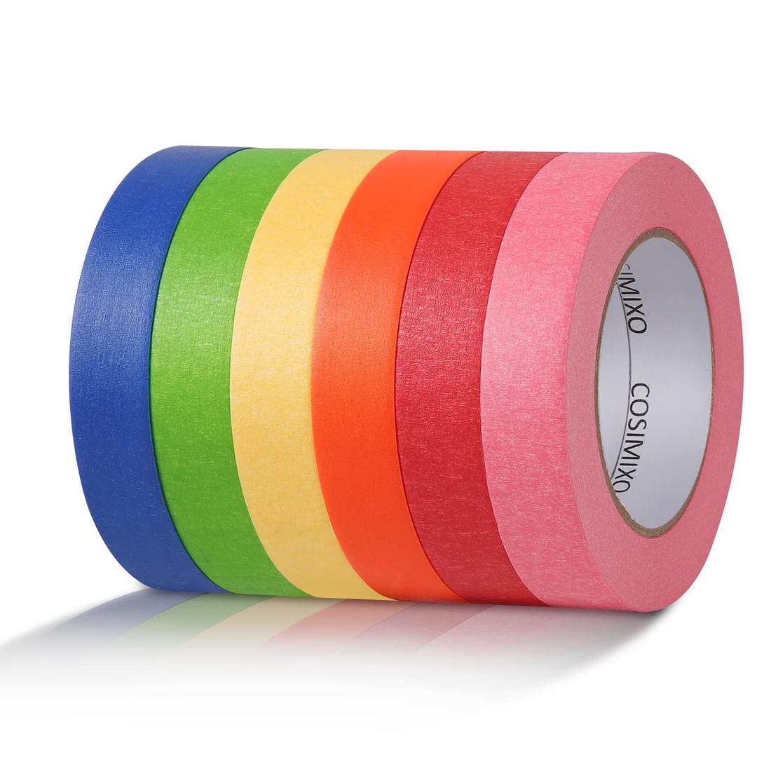 COSIMIXO 6-Pack Colored Masking Tape 0.94 Inch x 60yds of Colorful Craft Tape  Vibrant Rainbow Color Teacher Tape, Great for Art, Lab, Labeling & Classroom Decorations (Yellow, Green, Blue, Orange, Pink, Red)