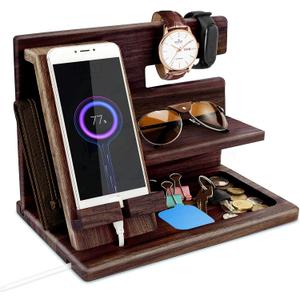 Gifts for Men Bedside Organiser Wood Phone Docking Station Dad Birthday Gifts for Him Nightstand Key Wallet Watch Stand Mens Gifts for Xmas Presents for Dad Husband Boyfriend Anniversary & Christmas (Nut Brown)