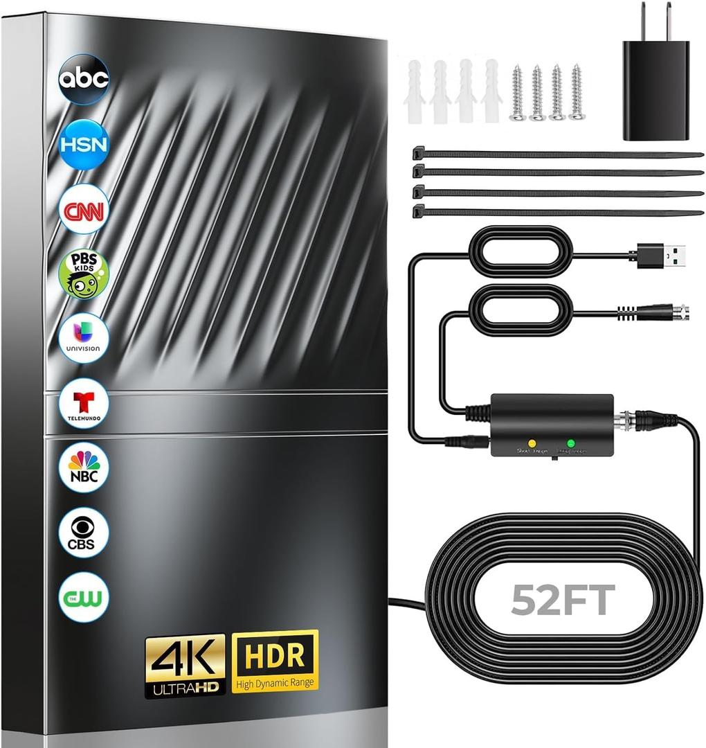 3500+ Miles TV Antenna, 2025 Strongest Digital Antenna for Smart TV Indoor Outdoor, HDTV Antenna for Local Channels with Amplifier Signal Booster-52ft Coax Cable/AC Adapter-Support 8K 4K 1080p All TVs